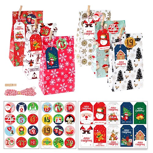 

24 Geschenktüten für Weihnachten, Adventskalender-Geschenktüten, 24-Tage-Countdown-Kalender-Hängetüten, 2023 Weihnachts-Kraftpapier-DIY-Tasche mit Seil Etikett