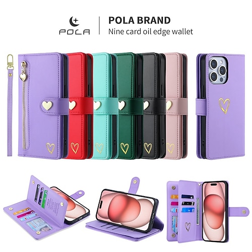 

telefone Capinha Para iPhone 15 Pro Max iPhone 14 13 12 11 Pro Max X XR XS 8 7 Plus Capa para Cartão Wallet Zíper com pulseira Pata de Apoio Côr Sólida Coração TPU Couro PU