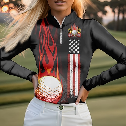 

Damen poloshirt Golfhemd Atmungsaktiv Schnelltrocknend Feuchtigkeitsableitung Langarm Golfbekleidung Golfkleidung Regular Fit Zip Stehkragen Bedruckt Frühling Herbst Tennis Golfspiel Pickleball