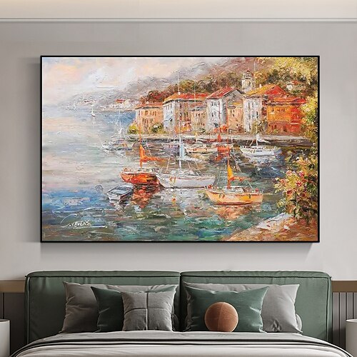 

Impresión de pintura a mano, pintura al óleo abstracta, pintura de paisaje de barco en la orilla de la ciudad, lienzo, Arte de la pared Decoración, pintura para sala de estar