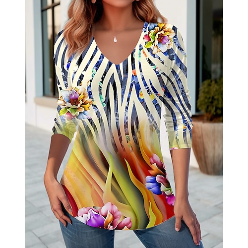 

Mujer Camiseta Amarillo Floral Estampado Manga Larga Festivos Fin de semana Moda Escote en Pico Ajuste regular Flor Pintura Primavera Otoño