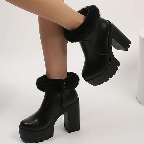 

Mulheres Saltos Botas Botas de Neve Botas de salto Festa Ao ar livre Forrada com Fleece Botas Botas Tornozelo Plataforma Salto Robusto Salto Plataforma Ponta Redonda Moda Sensual Casual Couro