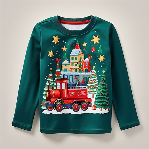 

Natal Para Meninos 3D Trem Camiseta Camisa Manga Longa Impressão 3D Outono Inverno Esportes Moda Roupa de rua Poliéster Infantil 3-12 anos Gola Redonda Ao ar livre Casual Diário Normal