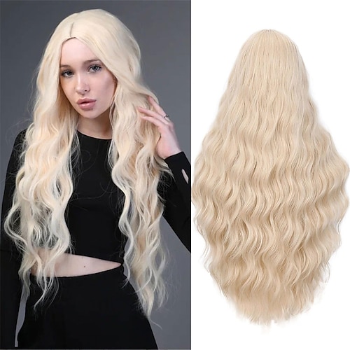 

Fancy Hair Platinum Blonde Long Wavy Wig Long Blonde Synthetic Middle Part Curly Wavy Wig for Women Daily Halloween Cosplay 28 Inches