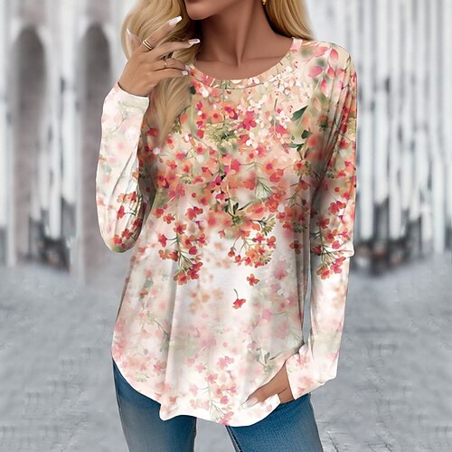 

Women's T shirt Tee Pink Floral Print Long Sleeve Holiday Weekend Fashion Round Neck Regular Fit Floral Painting Spring Fall