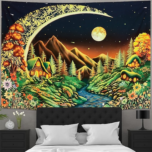 

Mond Berg Schwarzlicht Wandteppich UV-reaktives Leuchten im Dunkeln Berg Trippy Misty hängender Wandteppich Wandkunst Wandgemälde für Wohnzimmer Schlafzimmer