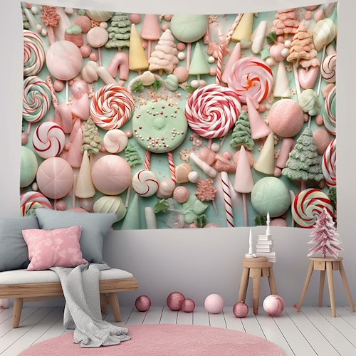 

Christmas Candy Cane Pastel Hanging Tapestry Wall Art Xmas Large Tapestry Mural Decor Photograph Backdrop Blanket Curtain Home Bedroom Living Room Decoration