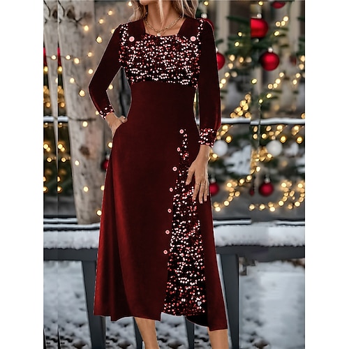 

Robe mi-longue Femme Robe de bal manche longue Printemps Automne Hiver - Soirée Moderne Mature Paillettes Patchwork Bouton Couleur monochrome robe hiver Noël robe demoiselle d honneur velvet 2023 Vin