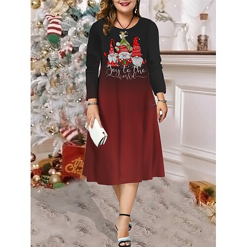 

Damen Weihnachten Übergröße Kurve Casual kleid Skater-Kleid A Linie Kleid Weihnachtsmann Schneemann Midikleid Langarm Bedruckt Rundhalsausschnitt Modisch Outdoor Schwarz Wein Herbst Winter L XL XXL