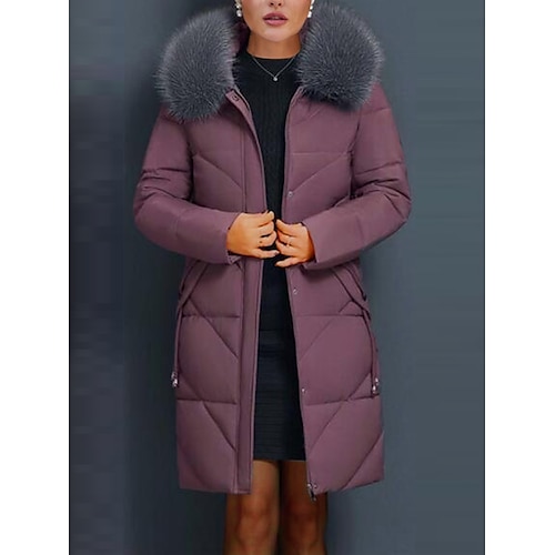 

Women's Parka Long Puffer Jacket Winter Coat Zip up Coat with Fur Collar Thermal Warm Heated Coat Fall Outerwear with Pockets Warm Classic Long Sleeve Purple Red