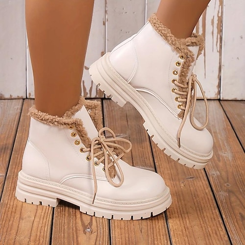 

Women's Boots Combat Boots Lace Up Boots Party Outdoor Daily Fleece Lined Booties Ankle Boots Chunky Heel Round Toe Punk Fashion Gothic PU Lace-up Solid Color Black Beige