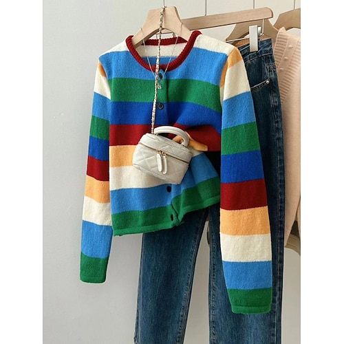 

Gilet Cardigan Pull Veste Femme A côtes Tricoter Col Ras du Cou Acrylique Bouton Tricoté Automne Hiver Normal Extérieur du quotidien Sortie mode Décontractées Flexible manche longue Bloc de couleur