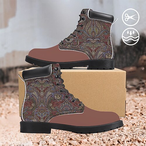 

Women's Retro Ethnic Paisley Totem Graphic Print Brown Artificial Leather Comfortable Classic Lace Up Booties