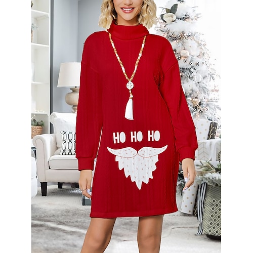 

Mujer Vestido de suéter Cuello Alto Estriado Tejer Estampado Otoño Invierno Largo Navidad Elegante Suave Manga Larga Letra Papá Noel Rojo Verde Trébol S M L