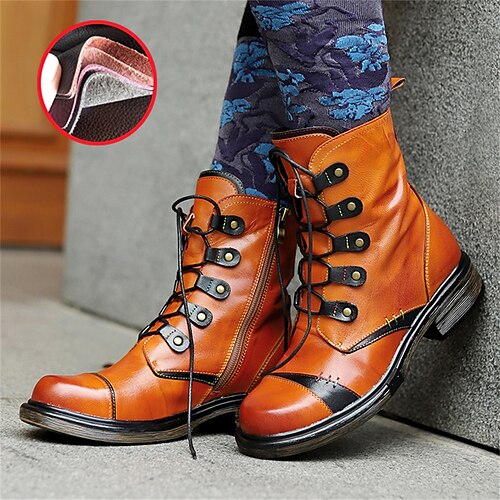 

Femme Bottes Bottes de Combat Chaussures faites à la main Chaussures Vintage du quotidien Bottes mi-mollet Hiver Rivet Fermeture Lacet Talon Bottier Bout rond Rétro Vintage Mode Décontractées Cuir