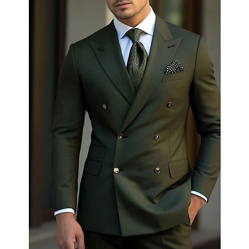 

Dark Green Black Burgundy Men's Wedding Suits 2 Piece Plus Size Solid Colored Christmas Wear Peak Lapel Slim Fit Double Breasted Six-buttons 2023