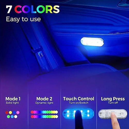 

Lumières LED de voiture intérieures 7 couleurs, lumière ambiante de voiture avec 8 perles de lampe LED lumineuses, rechargeable par USB, veilleuse LED intérieure de voiture