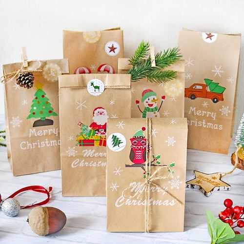 

12pcs Gift Bags for Christmas, Xmas Advent Calendar Gift Bags, 12 Day Countdown Calendar Hanging Bags, 2023 Christmas Kraft Paper DIY Bag with Sticker