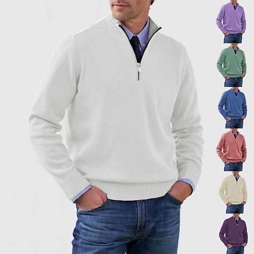 

Men's Pullover Sweater Jumper Jumper Ribbed Knit Regular Knitted Quarter Zip Plain Stand Collar Modern Contemporary Work Daily Wear Clothing Apparel Winter Deep Purple Pink M L XL