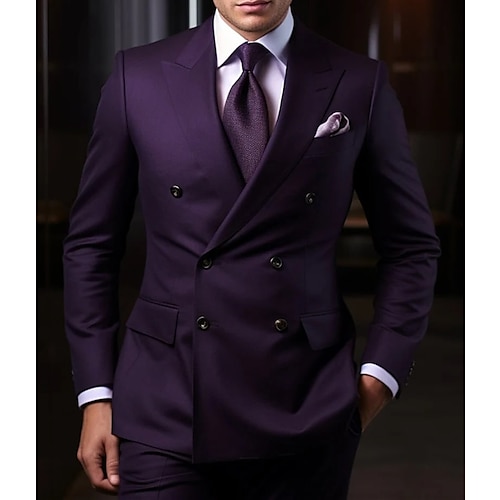

Purple Men's Wedding Suits 2 Piece Solid Colored Tailored Fit Double Breasted Six-buttons 2024
