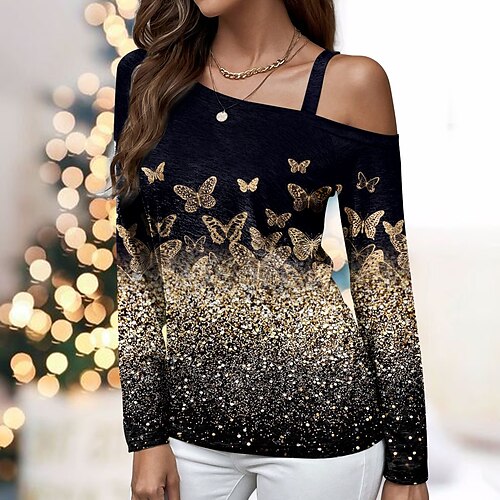 

Mujer Camiseta Negro Mariposa Estampado Manga Larga Fiesta Diario Fin de semana Moda Cuello diagonal Ajuste regular Mariposa Pintura Primavera Otoño