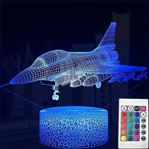 

3D Plane Fighter Night Light Creative Optical Illusion LED Table Lamp With Remote Touch Control 16-Color Changing Ambient Light For Bedroom Festival Home Bedside Decor Holiday Gift Birthday Gift