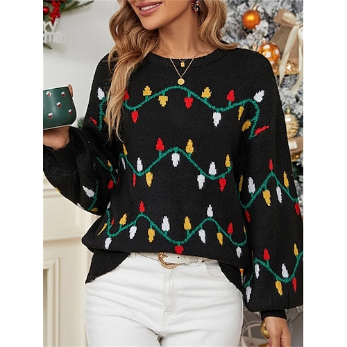 

Pull de Noël moche Pull Femme A côtes Tricoter Col Ras du Cou Polyester Patchwork Automne Hiver Normal Extérieur Noël du quotidien mode Décontractées Flexible manche longue Géométrique Noir S M L