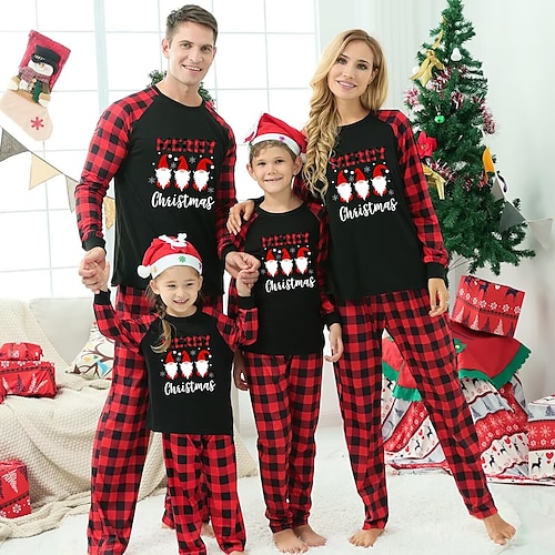 

Familie Weihnachten Pyjamas Graphic Buchstabe Heim Bedruckt Schwarz Dunkelrot Wein Langarm Mama und ich Outfits Aktiv Passende Outfits