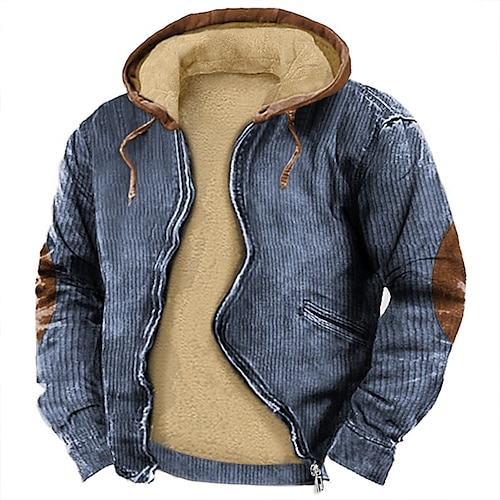 

Men's Hoodie Full Zip Hoodie Sherpa Linend Army Green Blue Brown Khaki Gray Hooded Color Block Patchwork Pocket Sports Outdoor Daily Holiday Corduroy Vintage Streetwear Casual Fall Winter