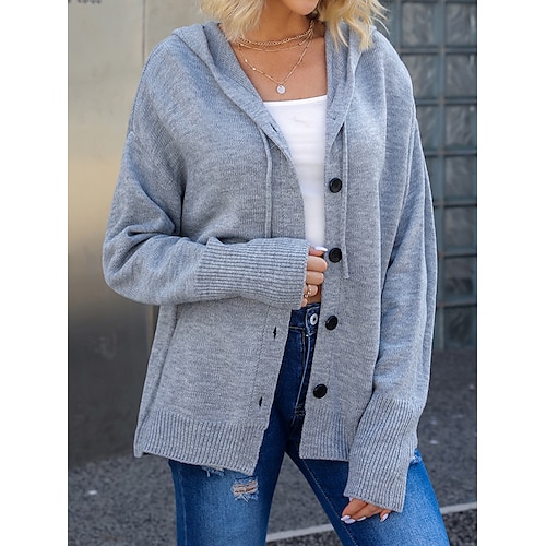 

Damen-Cardigan-Mantel mit Kapuze, Rippstrick, Polyester, Knopfstrick, Herbst, Winter, normal, draußen, täglich, Ausgehen, stilvoll, lässig, weich, langärmelig, reine Farbe, Grau, S, M, L