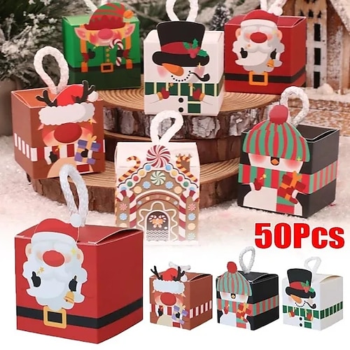 

50 Stück Weihnachts-Süßigkeitenschachteln, Weihnachtsgeschenkschachteln, Weihnachtskuchenschachteln, Kraftpapier, Partygeschenke, Geschenkschachteln mit Griff, Weihnachts-Cupcake-Süßigkeiten,