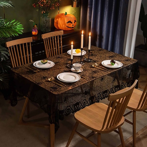 

Nappe rectangulaire noire Halloween Derco avec pompon, nappe en polyester résistante aux plis, durable pour Halloween, fête, vacances, cuisine