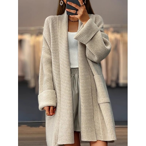 

Mujer Cárdigan Chaqueta suéter Frente Abierto Estriado Tejer Poliéster Bolsillo De Punto Otoño Invierno Largo Exterior Diario Noche Elegante Casual Suave Manga Larga Color sólido Caqui Beige Café S M