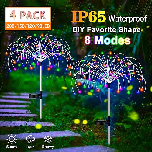 

4 paquets de lampes solaires de jardin extérieures, 8 modes 200/150/120/90led, feux d'artifice solaires, lampes solaires, lampes solaires d'extérieur imperméables, lampes de paysage solaires, pour