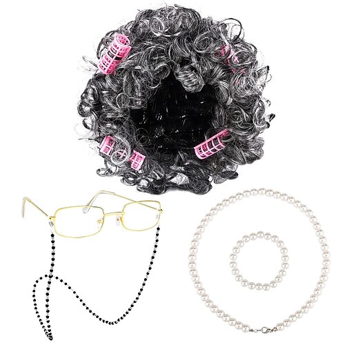 

5 Pieces Halloween Old Lady Wig Set Halloween Granny Costume Party Wigs with Hair Rollers Glasses Chain Necklace Bracelet Dress Up Costume Cosplay Supplies