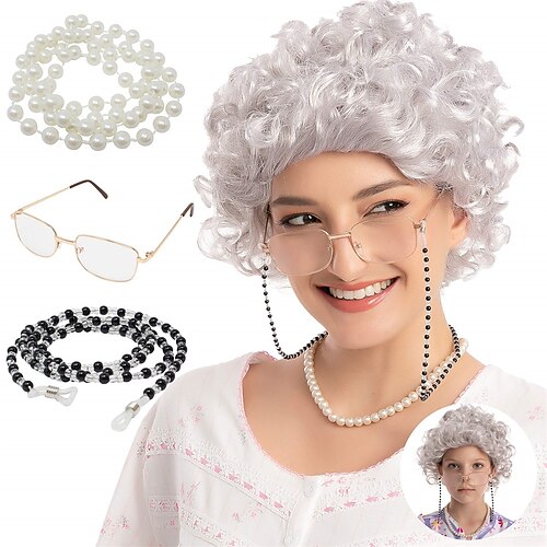 

Adult/Child Curly Grey Granny Wig Set with Wig Cap Glasses Eyeglass Chain and Pearl Necklace Old Lady Costume Wig Halloween Cosplay Party Accessories