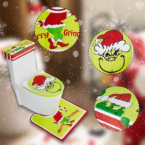 

Christmas Decorations Indoor Christmas Bathroon Grinch Decor Toilet Seat Cover Rugs Sets Green Monster Theme Toilet Seat Cover