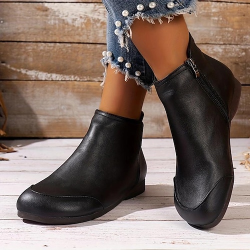 

Mulheres Botas Tamanhos Grandes Ao ar livre Diário Forrada com Fleece Botas Botas Tornozelo Sem Salto Ponta Redonda Elegante Felpudo Casual Couro Ecológico Mocassim Côr Sólida Preto Marron
