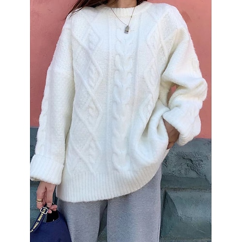 

Mujer cuello redondo suéter acanalado ochos patchwork color sólido jersey jersey elegante casual al aire libre diario otoño invierno blanco gris talla única