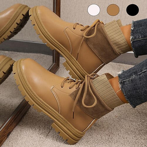 

Mulheres Botas Coturnos Tamanhos Grandes Sapatos Confortáveis Diário Botas Botas Tornozelo Sem Salto Clássico Conforto Minimalismo Couro Sintético Com Cadarço Preto Marron Bege