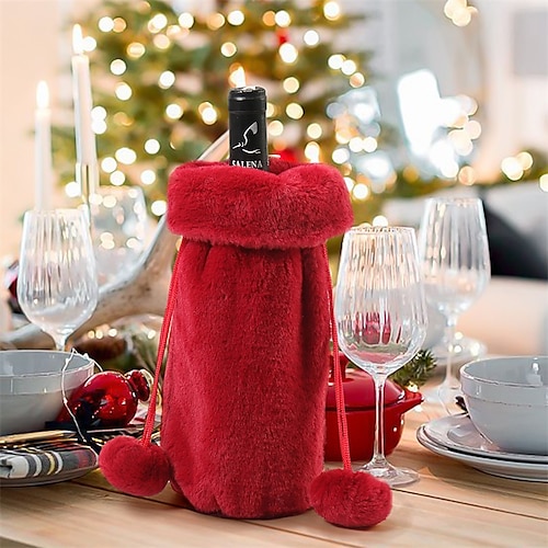 

1 pieza, decoración navideña, funda para botella de vino, funda para botella de champán para entornos festivos de restaurante, abrigo con botones de cuello de piel sintética, decoración de escena,