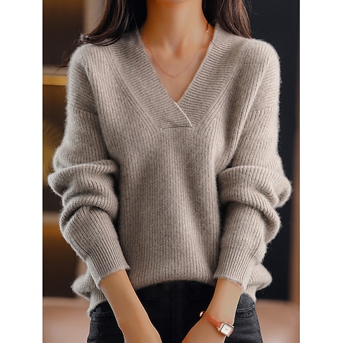 

Mujer Suéter de punto Escote en Pico Estriado Tejer Polyester De Gran Tamaño Otoño Invierno Regular Exterior Diario Noche Elegante Casual Suave Manga Larga Color sólido Azul Marino Azul Piscina Color