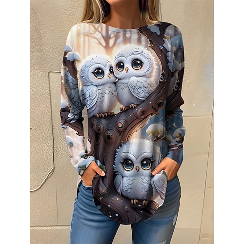 

Women's T shirt Tee Animal White Navy Blue Blue Print Long Sleeve Daily Weekend Fashion Round Neck Regular Fit Spring Fall