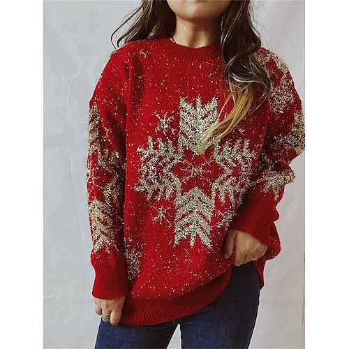 

Mujer Suéter navideño feo Suéter de punto Cuello Barco Estriado Tejer Acrílico De Gran Tamaño Otoño Invierno Regular Exterior Navidad Diario Elegante Casual Suave Manga Larga Copo Negro Rojo Beige S