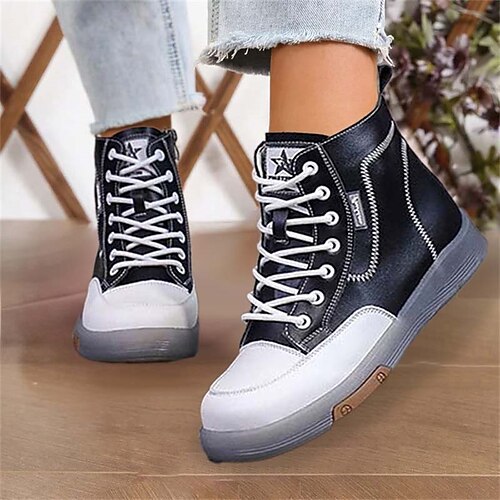 

Women's Sneakers Boots Dad Shoes High Top Sneakers Daily Booties Ankle Boots Flat Heel Round Toe Casual Minimalism Running Walking PU Lace-up Solid Color Black Beige