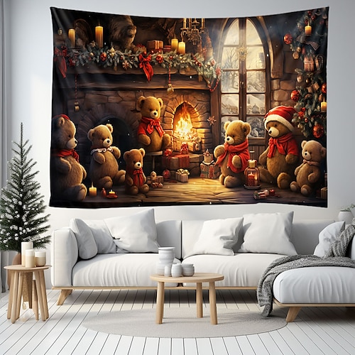 

Christmas Bear Fireplace Hanging Tapestry Wall Art Xmas Large Tapestry Mural Decor Photograph Backdrop Blanket Curtain Home Bedroom Living Room Decoration