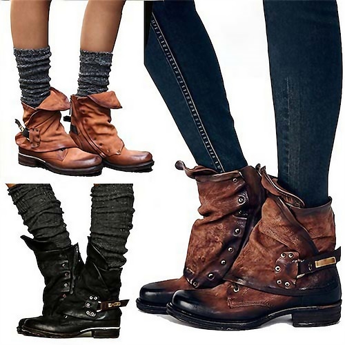 

Women's Boots Motorcycle Boots Work Boots Riding Boots Outdoor Daily Booties Ankle Boots Rivet Buckle Flat Heel Round Toe Vintage Casual Minimalism Faux Leather Zipper Solid Color Black Yellow Brown