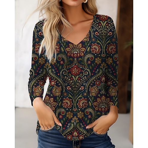 

Women's T shirt Tee Black Green Floral Print Long Sleeve Holiday Weekend Fashion V Neck Regular Fit Floral Painting Spring Fall