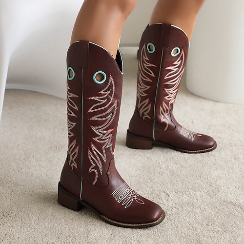 

Women's Boots Cowboy Boots Plus Size Party Daily Knee High Boots Winter Embroidery Block Heel Square Toe Bohemia PU Loafer Embroidered Brown