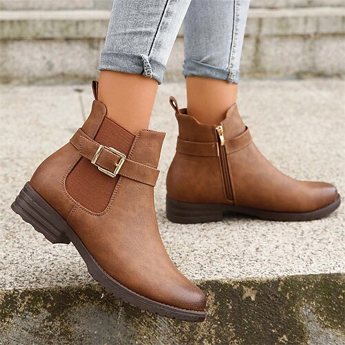 

Femme Bottes Bottes Moto Bottes de travail Extérieur du quotidien Bottines Bottines Boucle Talon Plat Bout rond Rétro Vintage Décontractées Minimalisme Faux Cuir Fermeture Bande élastique Couleur unie